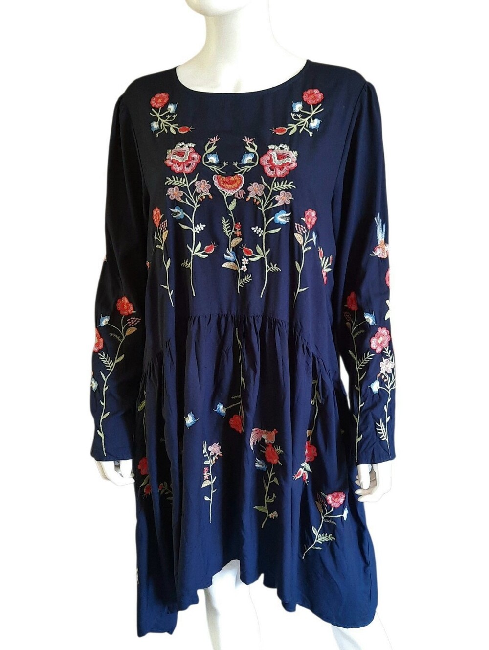 PHILOSOPHY Navy Floral Embroidery Long-Sleeve Midi Boho Babydoll Dress LP